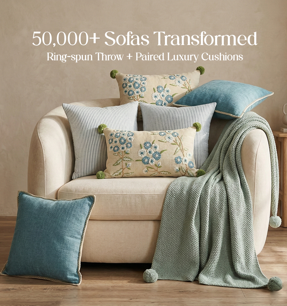Luxury Sofa Makeover Set | Arctic Blue Knitted Sofa Throw paired with Cushions - Set of 6