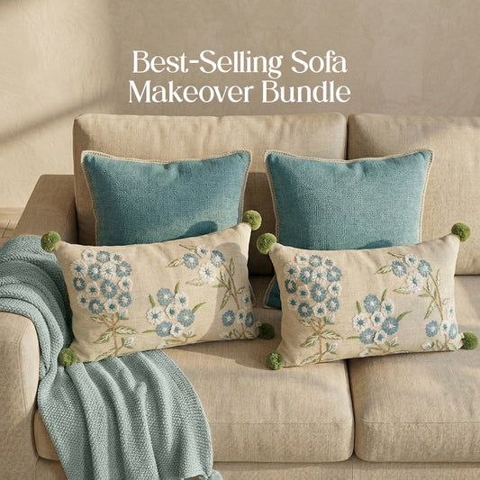 Luxury Sofa Makeover Set | Knitted Sofa Throw paired with Cushions - Arctic Blue - Set of 4