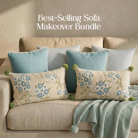 Luxury Sofa Makeover Set | Knitted Sofa Throw paired with Cushions - Arctic Blue - Set of 6