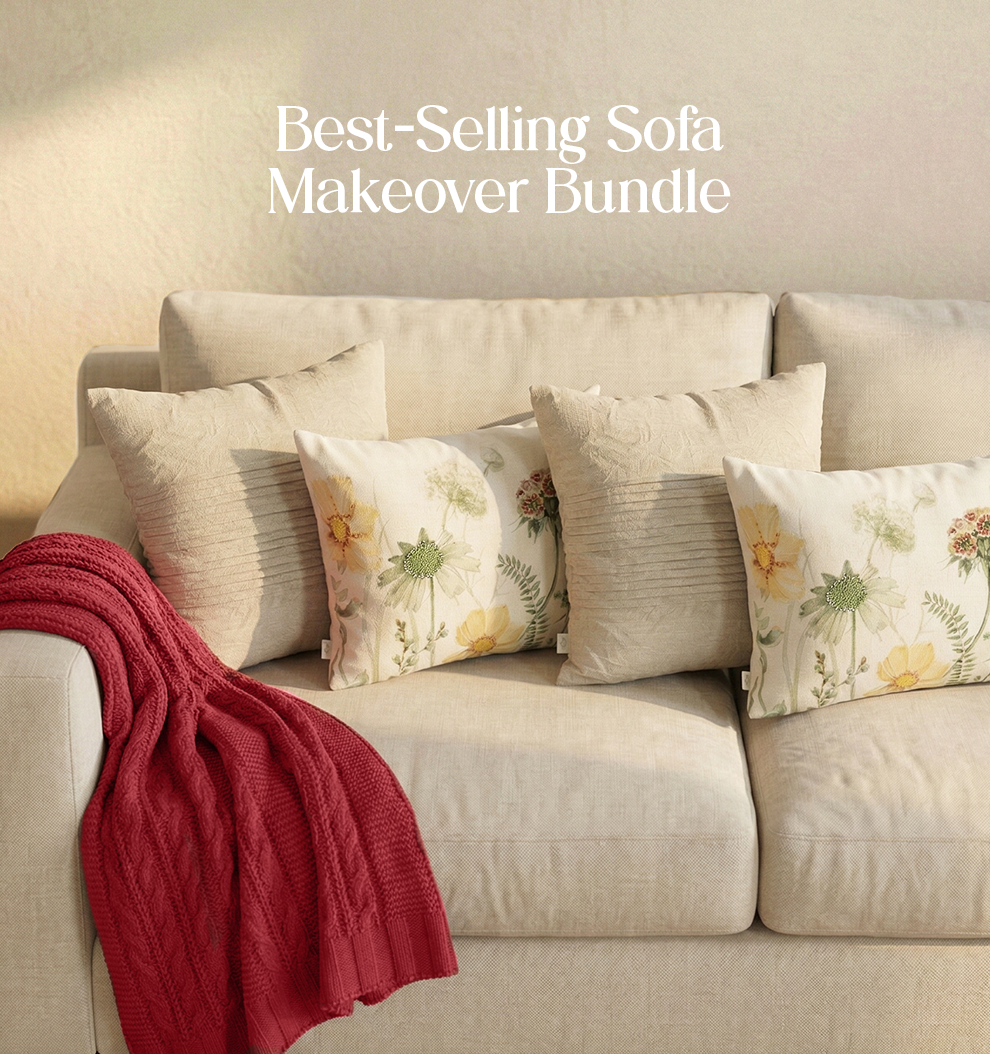 Luxury Sofa Makeover Set | Rustic Flame Knitted Sofa Throw paired with Cushions - Set of 4