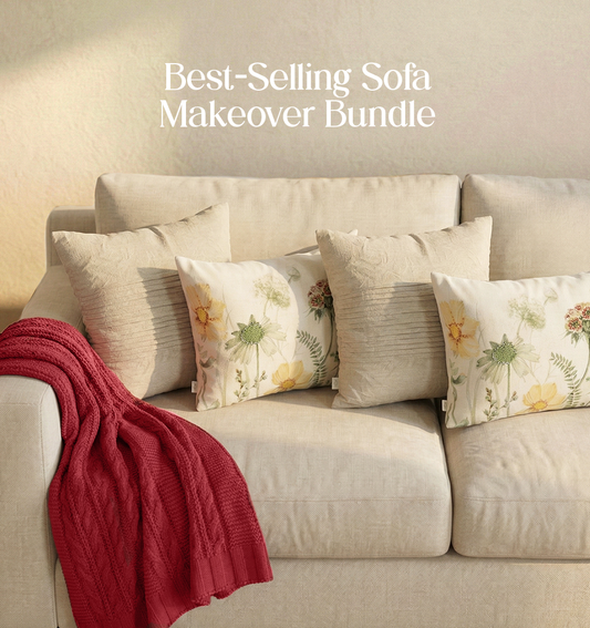 Luxury Sofa Makeover Set | Rustic Flame Knitted Sofa Throw paired with Cushions - Set of 4