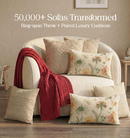 Luxury Sofa Makeover Set | Rustic Flame Knitted Sofa Throw paired with Cushions - Set of 6