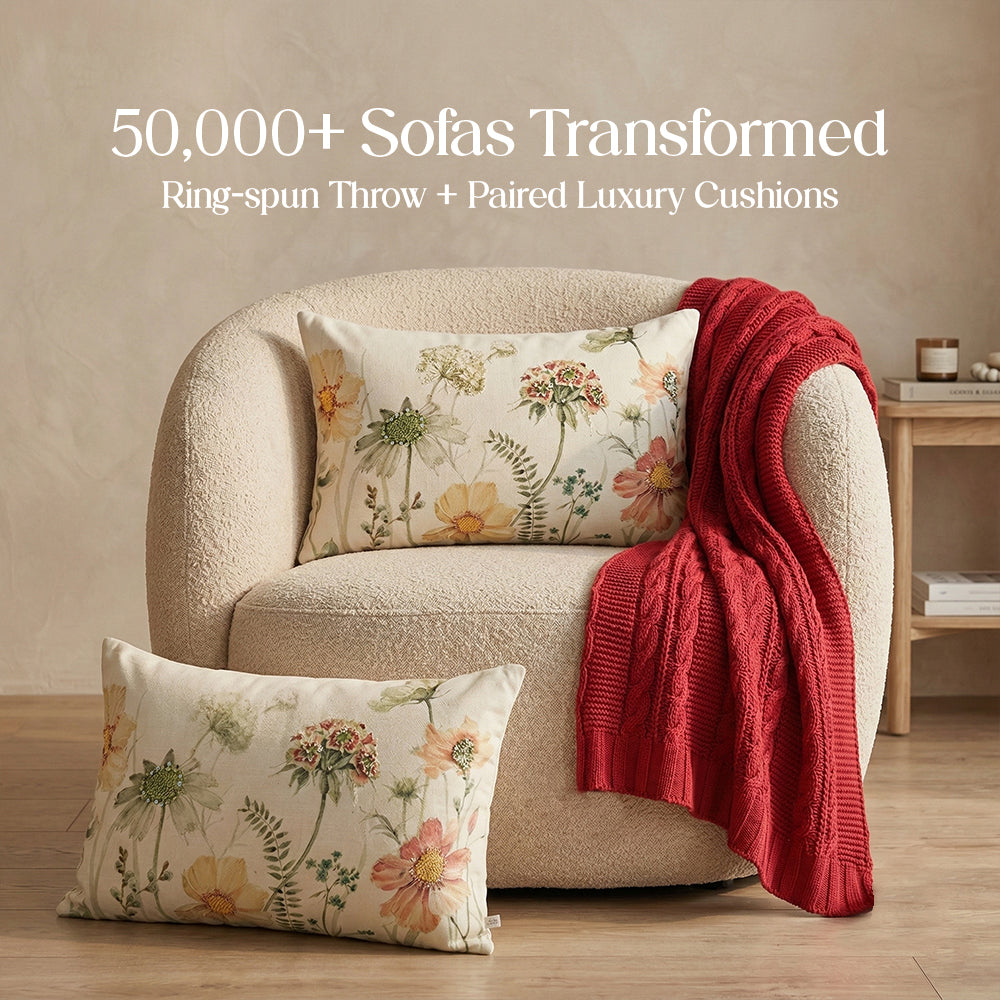 Luxury Sofa Makeover Set | Knitted Sofa Throw paired with Cushions - Rustic Flame - Set of 2