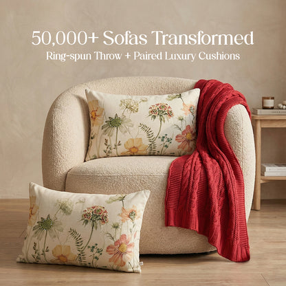 Luxury Sofa Makeover Set | Knitted Sofa Throw paired with Cushions - Rustic Flame - Set of 2