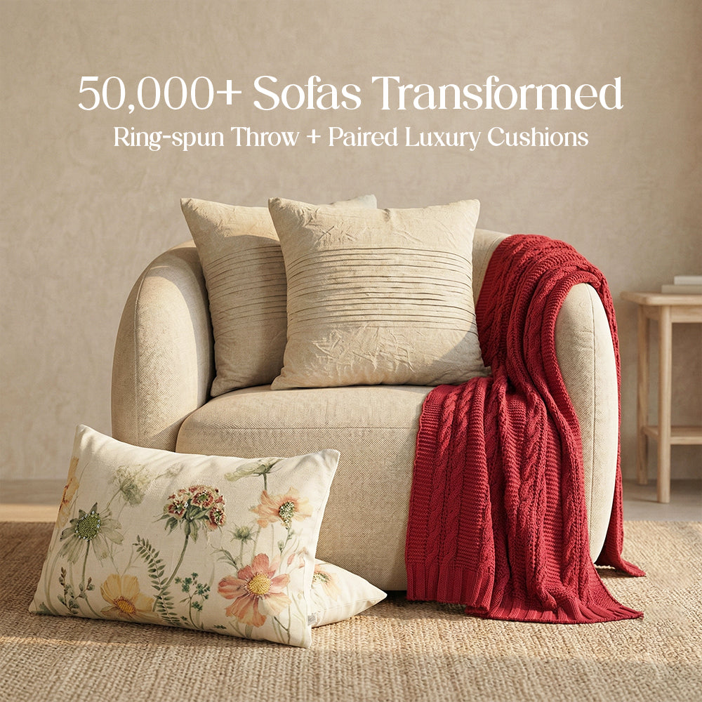 Luxury Sofa Makeover Set | Knitted Sofa Throw paired with Cushions - Rustic Flame - Set of 4