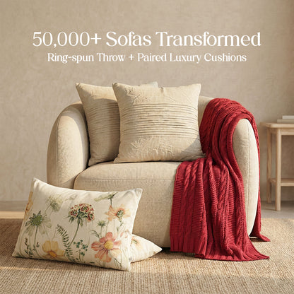 Luxury Sofa Makeover Set | Knitted Sofa Throw paired with Cushions - Rustic Flame - Set of 4