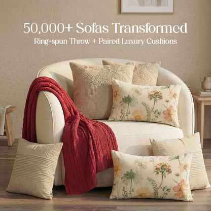 Luxury Sofa Makeover Set | Knitted Sofa Throw paired with Cushions - Rustic Flame - Set of 6