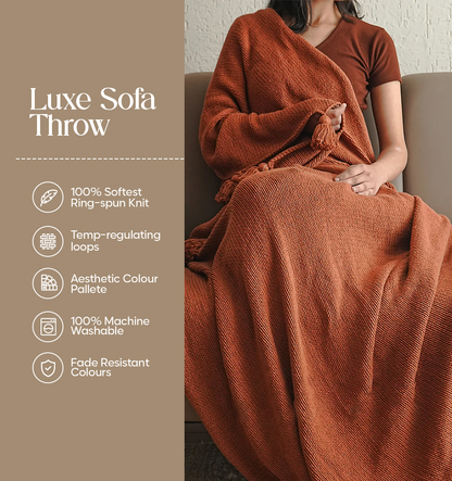 Luxury Sofa Makeover Set | Cinnamon Blaze Knitted Sofa Throw paired with Cushions - Set of 2