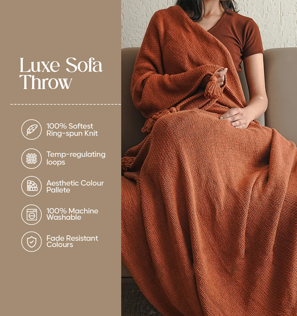 Luxury Sofa Makeover Set | Cinnamon Blaze Knitted Sofa Throw paired with Cushions - Set of 4