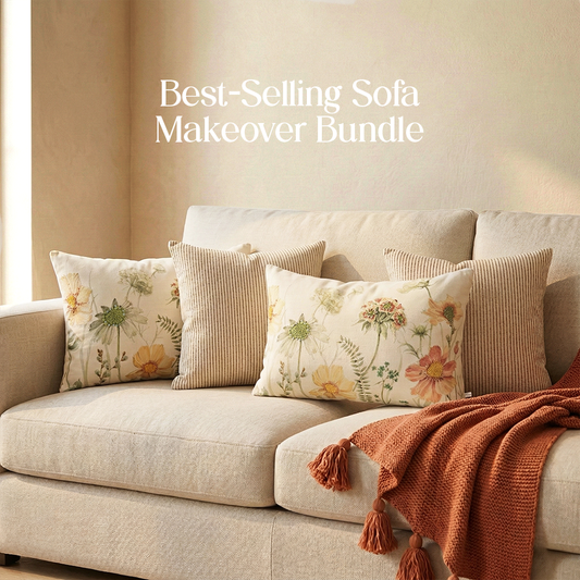 Luxury Sofa Makeover Set | Knitted Sofa Throw paired with Cushions - Cinnamon Blaze - Set of 4