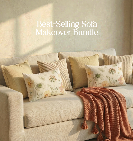 Luxury Sofa Makeover Set | Cinnamon Blaze Knitted Sofa Throw paired with Cushions - Set of 6