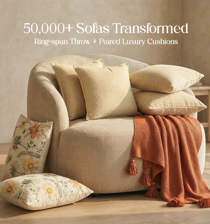 Luxury Sofa Makeover Set | Cinnamon Blaze Knitted Sofa Throw paired with Cushions - Set of 6