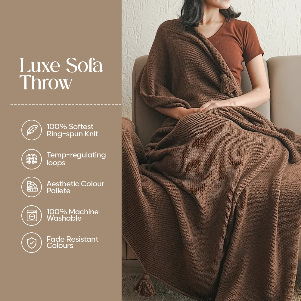 Luxury Sofa Makeover Set | Knitted Sofa Throw paired with Cushions - Deep Chestnut - Set of 2