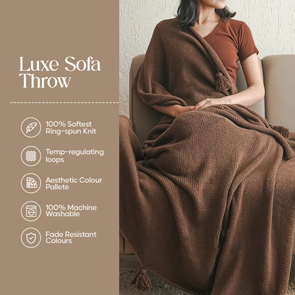 Luxury Sofa Makeover Set | Knitted Sofa Throw paired with Cushions - Deep Chestnut - Set of 2