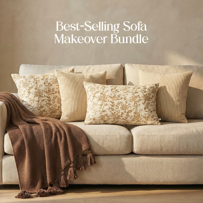 Luxury Sofa Makeover Set | Knitted Sofa Throw paired with Cushions - Deep Chestnut - Set of 4