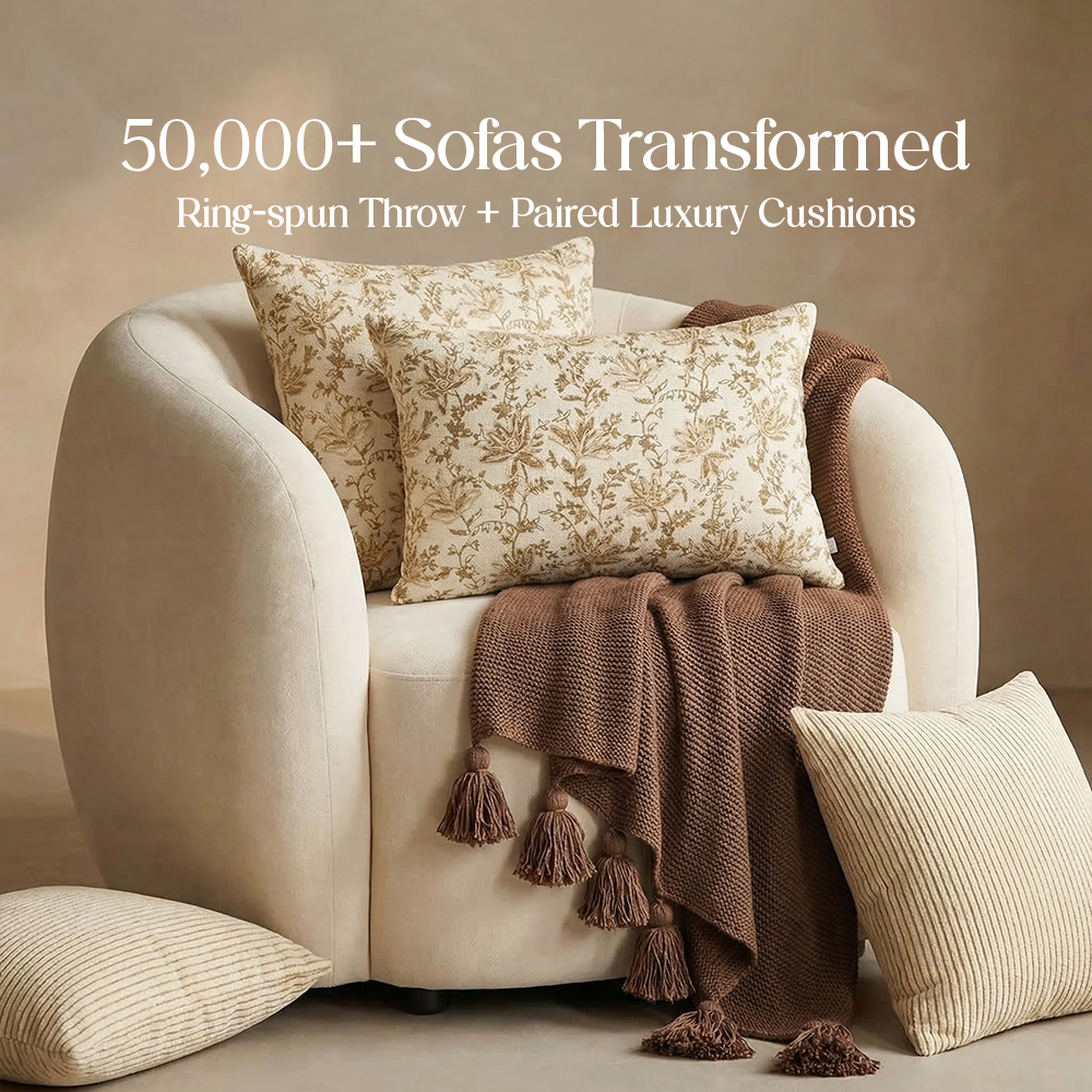 Luxury Sofa Makeover Set | Knitted Sofa Throw paired with Cushions - Deep Chestnut - Set of 4