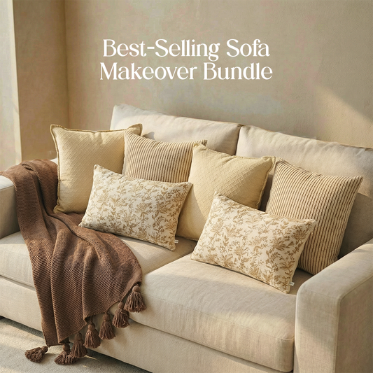 Luxury Sofa Makeover Set | Knitted Sofa Throw paired with Cushions - Deep Chestnut - Set of 6