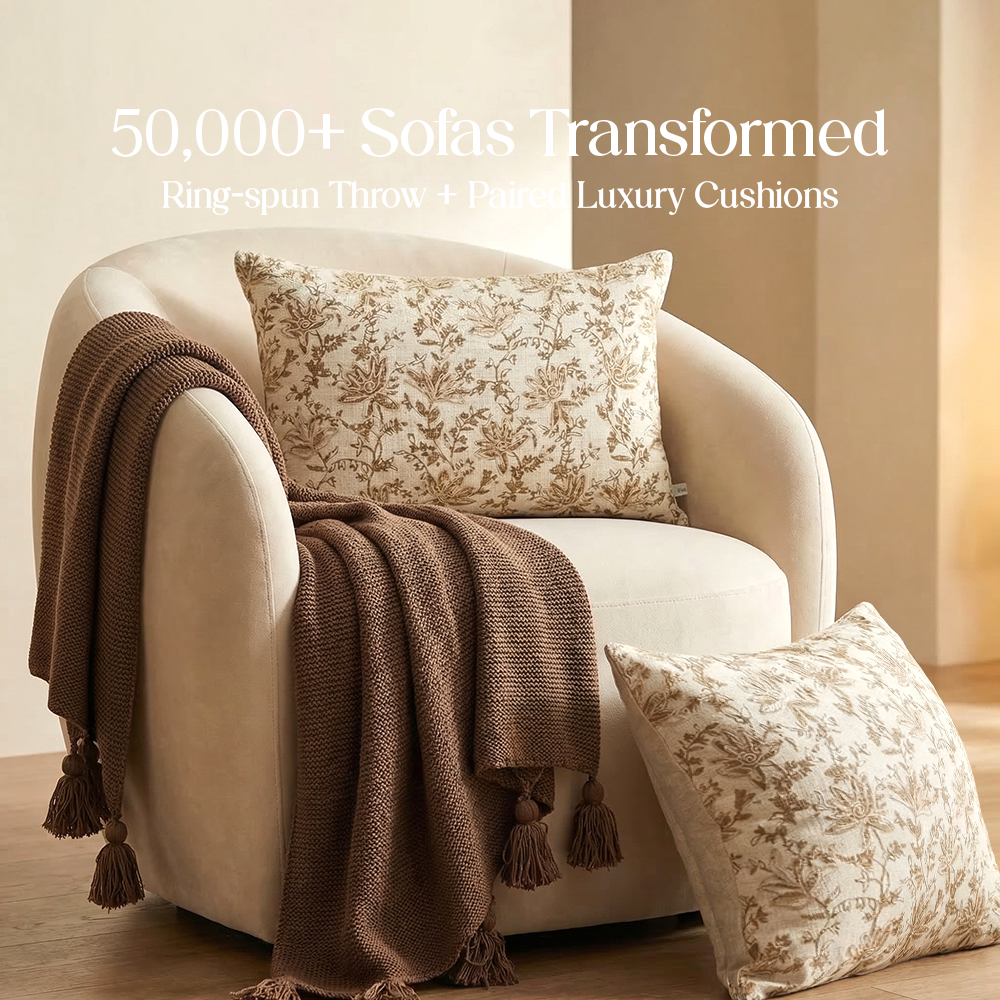 Luxury Sofa Makeover Set | Knitted Sofa Throw paired with Cushions - Deep Chestnut - Set of 2
