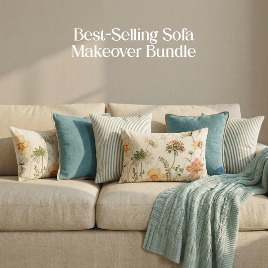 Luxury Sofa Makeover Set | Knitted Sofa Throw paired with Cushions - Icy Lace - Set of 6