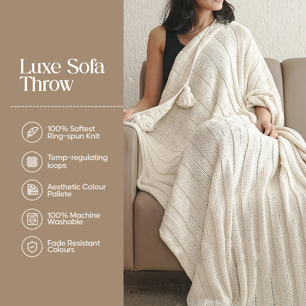 Luxury Sofa Makeover Set | Knitted Sofa Throw paired with Cushions - Seashell Ivory - Set of 2