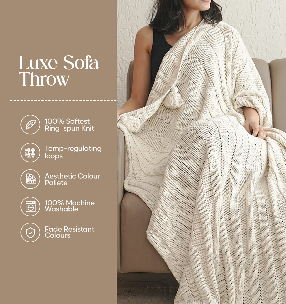Luxury Sofa Makeover Set | Seashell Ivory Knitted Sofa Throw paired with Cushions - Set of 2
