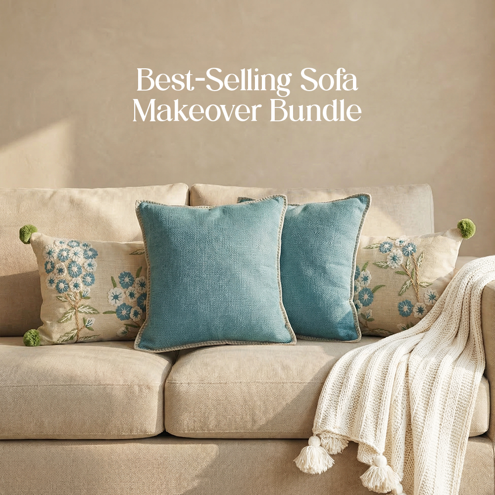 Luxury Sofa Makeover Set | Knitted Sofa Throw paired with Cushions - Seashell Ivory - Set of 4