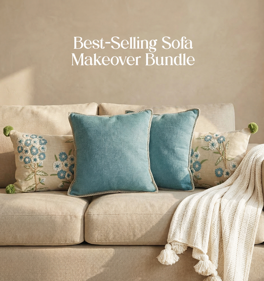 Luxury Sofa Makeover Set | Seashell Ivory Knitted Sofa Throw paired with Cushions - Set of 4