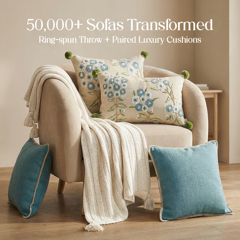 Luxury Sofa Makeover Set | Knitted Sofa Throw paired with Cushions - Seashell Ivory - Set of 4