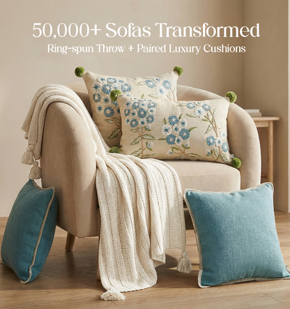 Luxury Sofa Makeover Set | Seashell Ivory Knitted Sofa Throw paired with Cushions - Set of 4