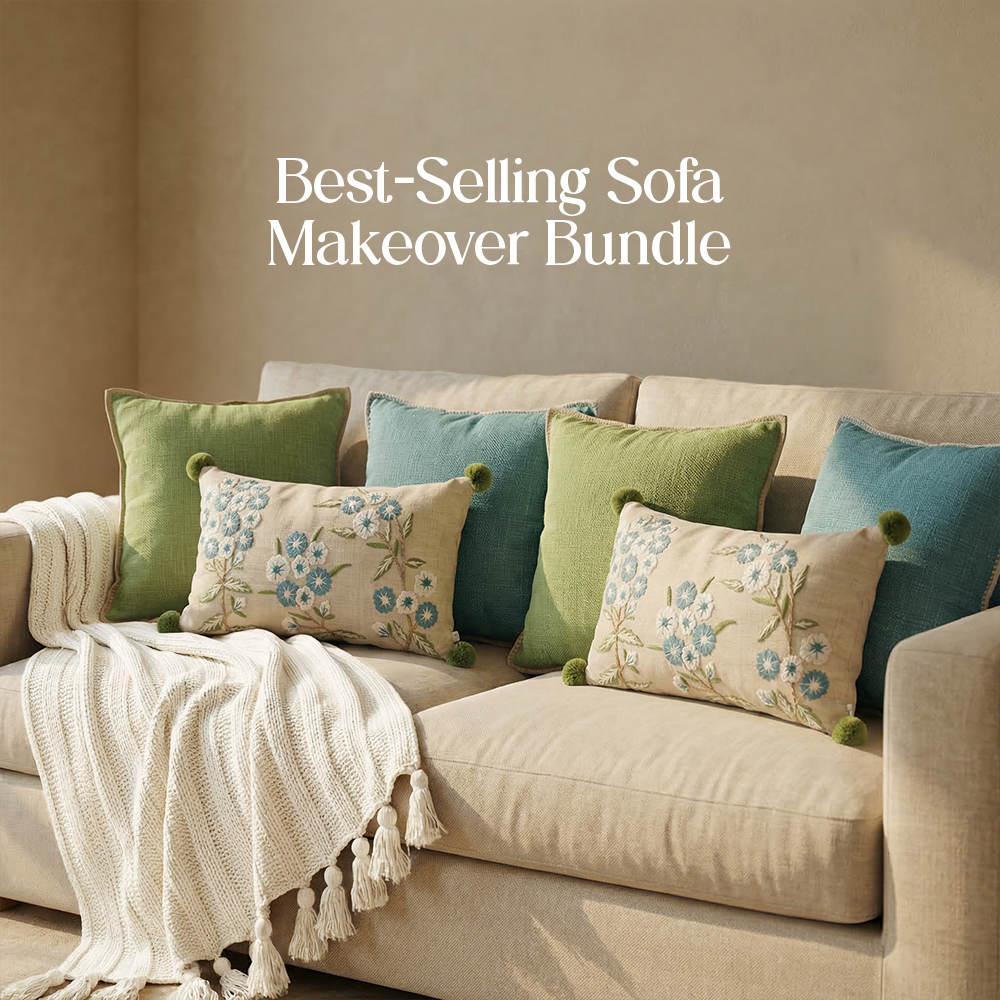 Luxury Sofa Makeover Set | Knitted Sofa Throw paired with Cushions - Seashell Ivory - Set of 6