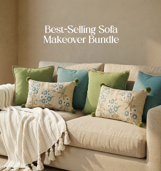 Luxury Sofa Makeover Set | Seashell Ivory Knitted Sofa Throw paired with Cushions - Set of 6
