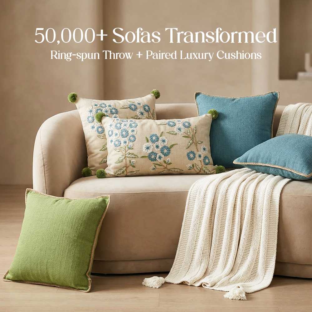 Luxury Sofa Makeover Set | Knitted Sofa Throw paired with Cushions - Seashell Ivory - Set of 6