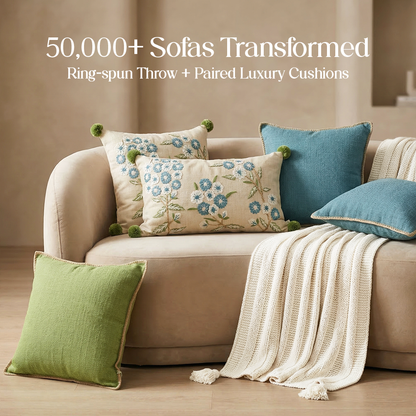 Luxury Sofa Makeover Set | Knitted Sofa Throw paired with Cushions - Seashell Ivory - Set of 6