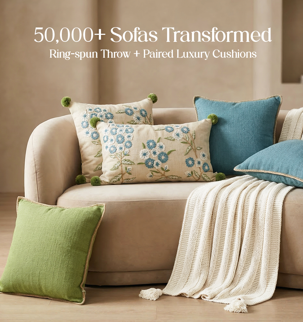 Luxury Sofa Makeover Set | Seashell Ivory Knitted Sofa Throw paired with Cushions - Set of 6