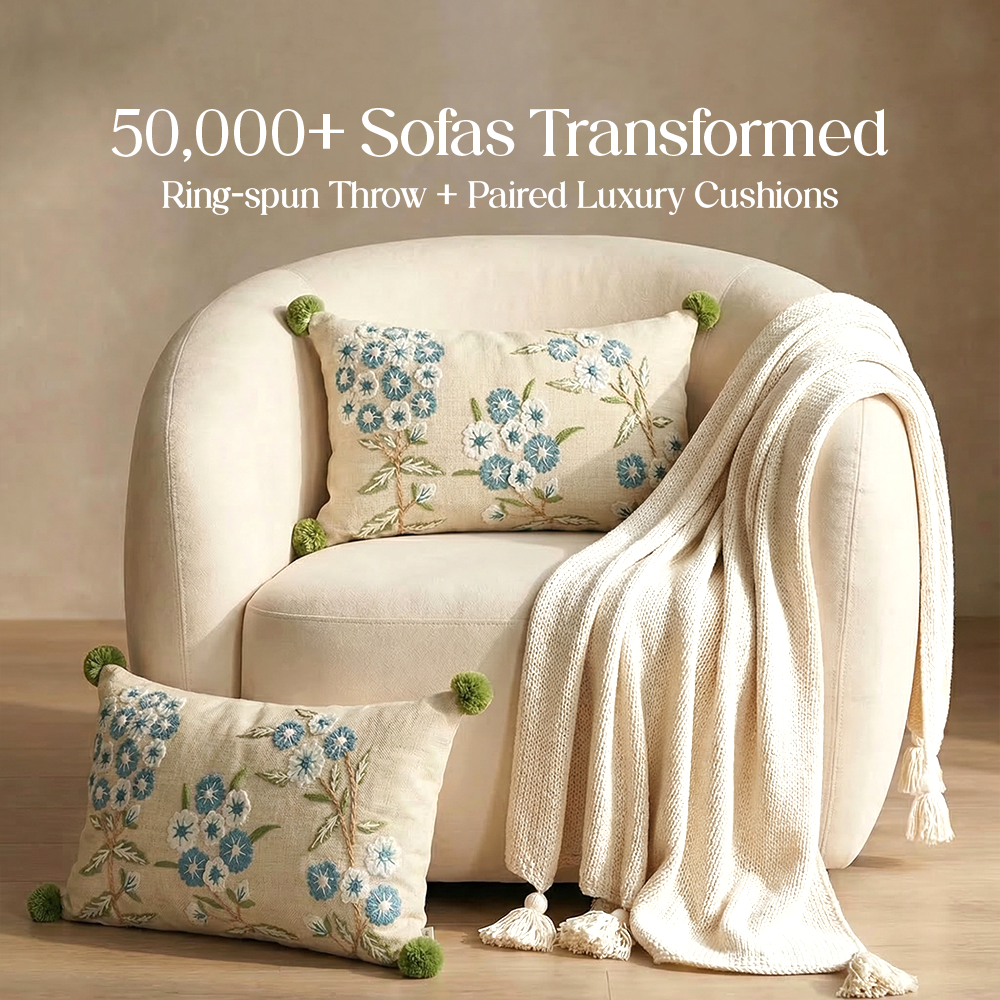 Luxury Sofa Makeover Set | Knitted Sofa Throw paired with Cushions - Seashell Ivory - Set of 2