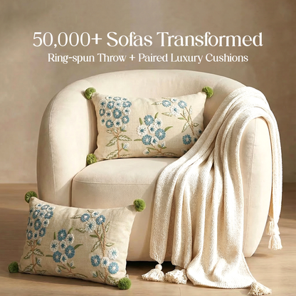 Luxury Sofa Makeover Set | Knitted Sofa Throw paired with Cushions - Seashell Ivory - Set of 2