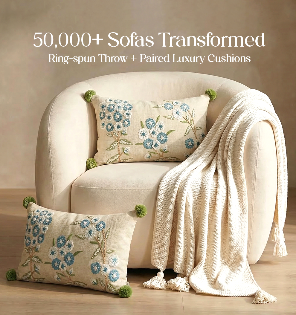 Luxury Sofa Makeover Set | Seashell Ivory Knitted Sofa Throw paired with Cushions - Set of 2