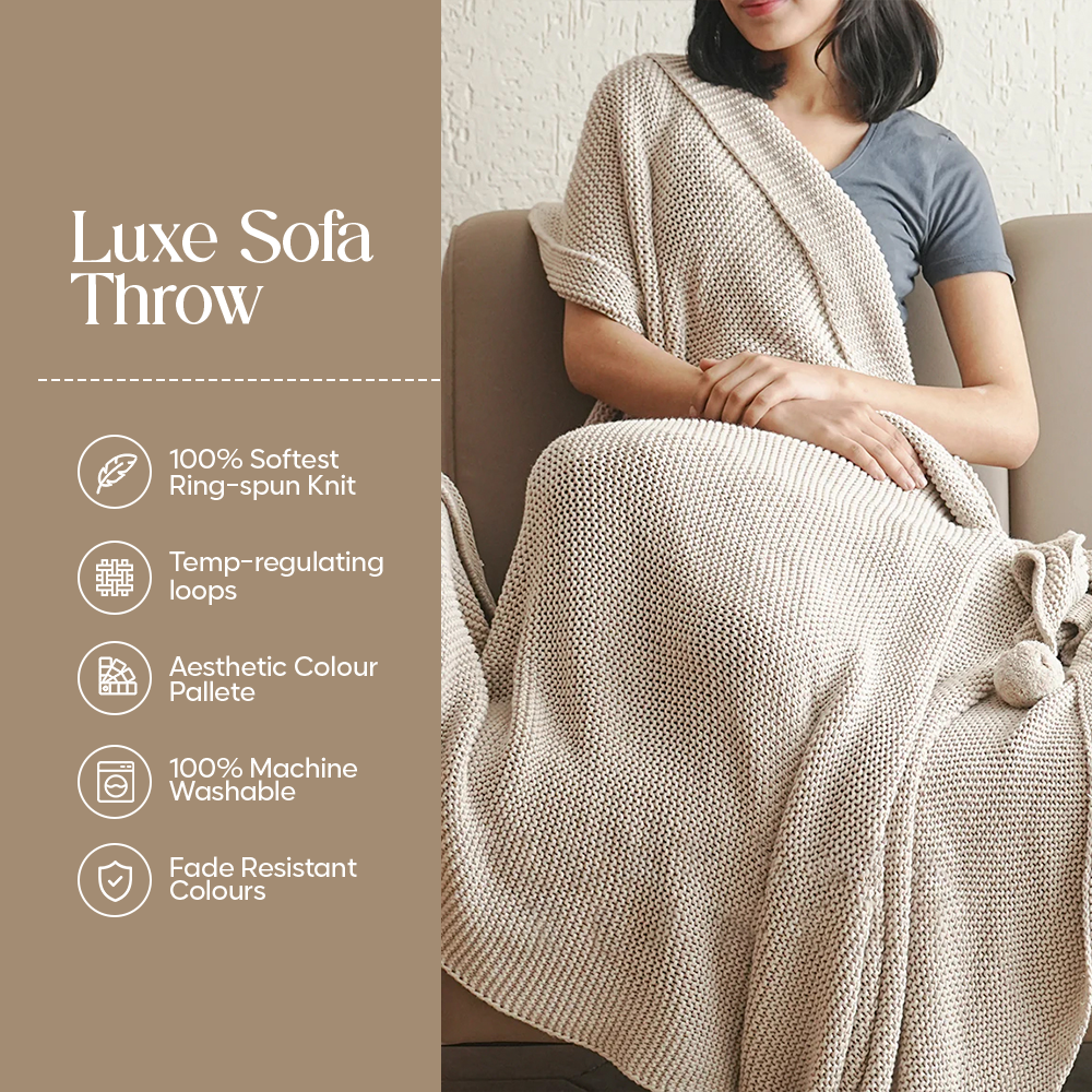 Luxury Sofa Makeover Set | Knitted Sofa Throw paired with Cushions - Celestial White - Set of 6