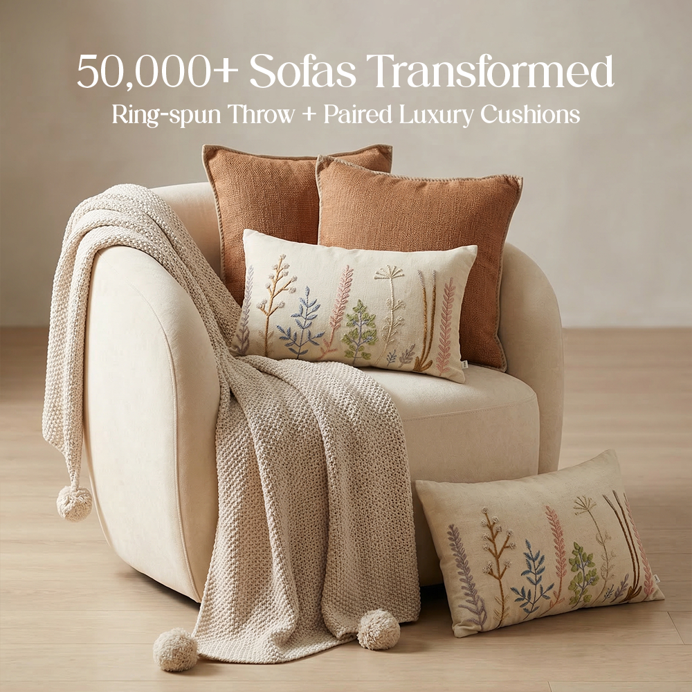 Luxury Sofa Makeover Set | Knitted Sofa Throw paired with Cushions - Celestial White - Set of 4