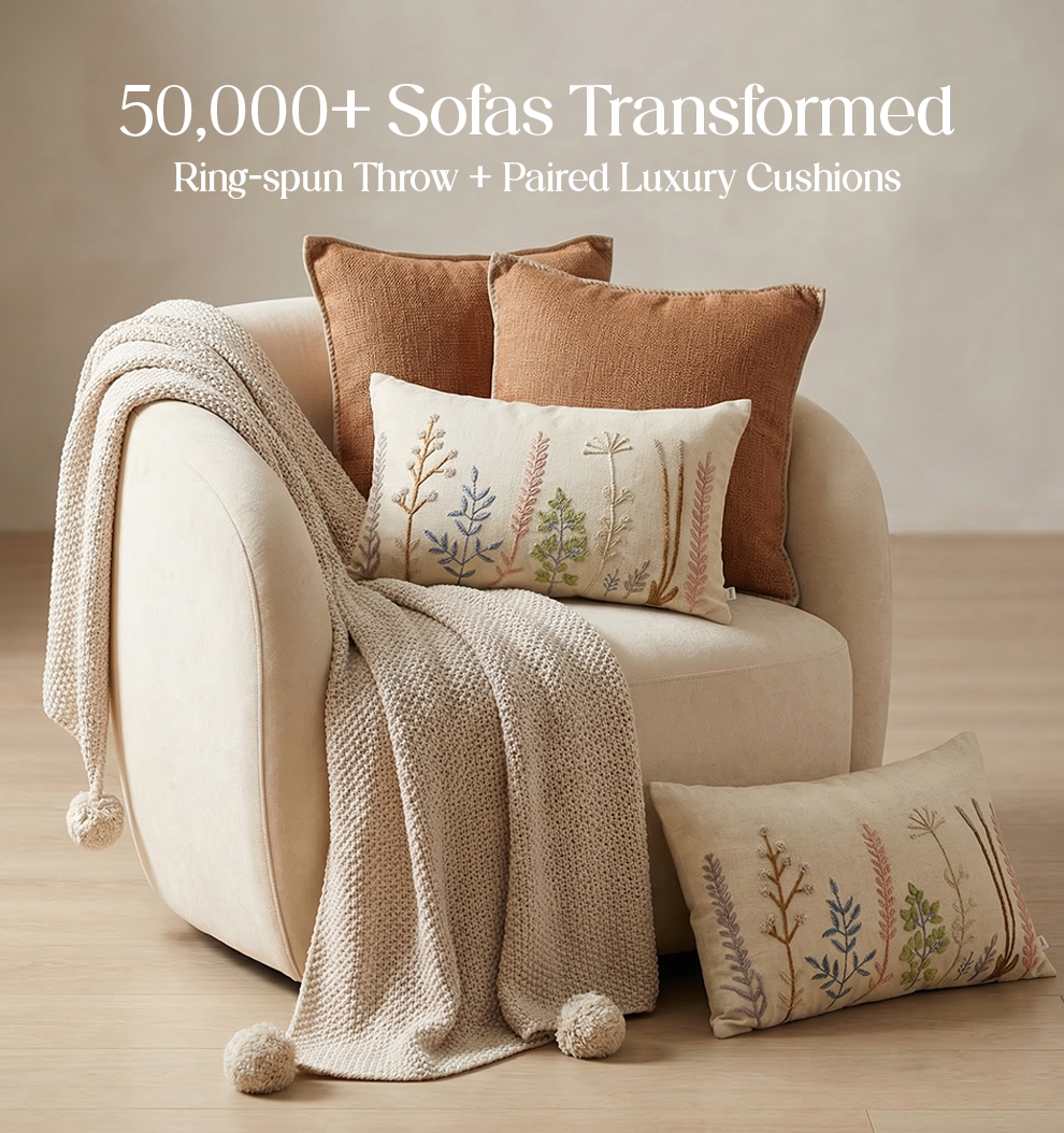 Luxury Sofa Makeover Set | Celestial White Knitted Sofa Throw paired with Cushions -Set of 4