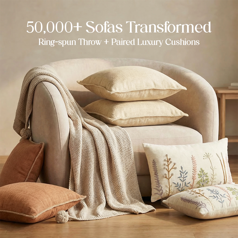 Luxury Sofa Makeover Set | Knitted Sofa Throw paired with Cushions - Celestial White - Set of 6