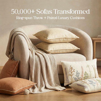 Luxury Sofa Makeover Set | Knitted Sofa Throw paired with Cushions - Celestial White - Set of 6