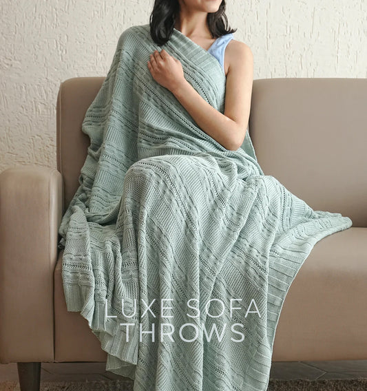 Paudha’s Exquisite Windsor Luxe All-Season Breathable 100% Cotton Knitted Sofa Throw - Icy Lace
